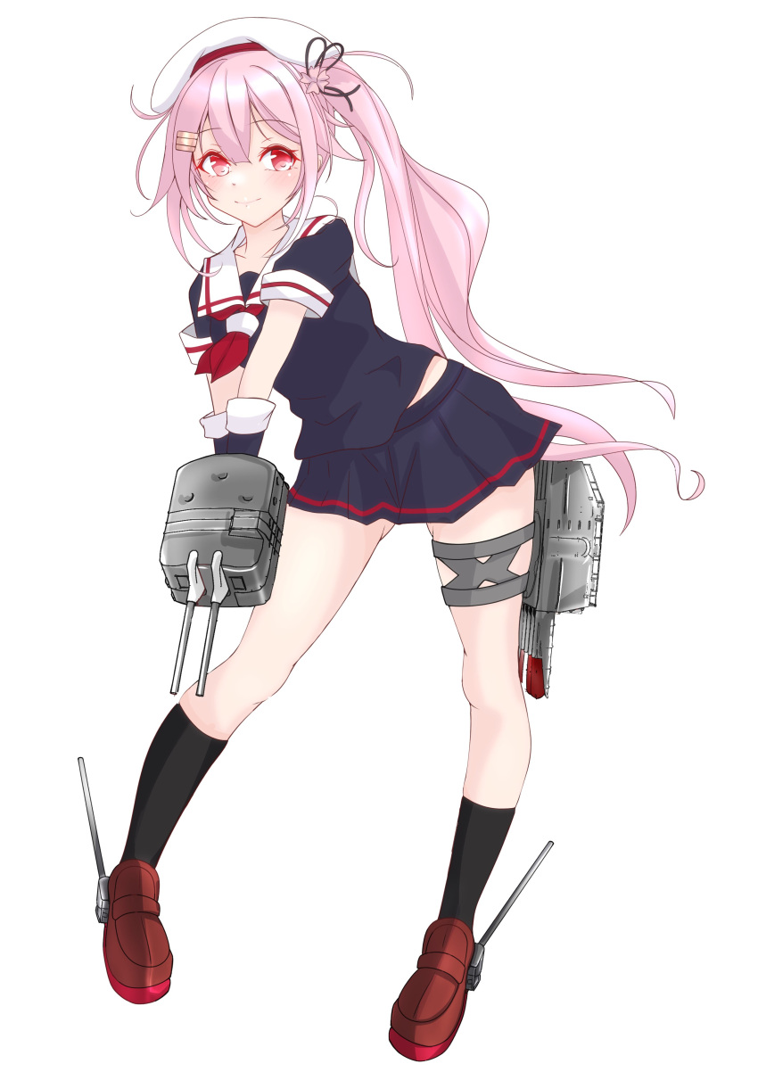 1girl absurdres adapted_turret beret black_gloves black_serafuku black_shirt black_skirt black_socks blue_hair brown_footwear cannon commentary_request full_body gloves gradient_hair harusame_(kancolle) hat highres kantai_collection kneehighs loafers looking_back midriff_peek multicolored_hair nitamako_(sakamalh) pink_hair red_eyes revision ribbon sailor_collar school_uniform serafuku shirt shoes side_ponytail simple_background skirt socks solo standing turret white_background white_sailor_collar