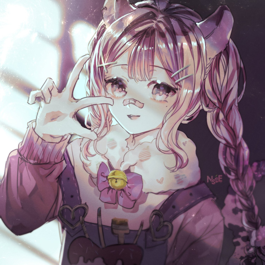 1girl animal_ears bandaid bandaid_on_face bandaid_on_nose bell bow brown_hair fur_scarf highres indie_virtual_youtuber looking_at_viewer neck_bell nsee open_mouth overalls pink_bow pink_eyes pink_sweater scarf smile solo sweater v virtual_youtuber white_scarf xoco_(vtuber)