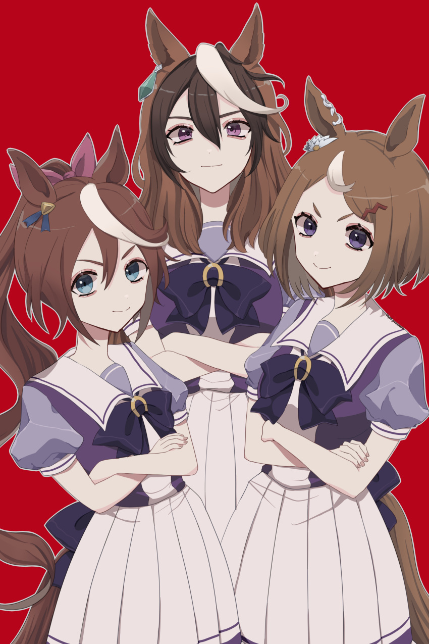 3girls absurdres animal_ears bangs blue_eyes bow bowtie brown_hair commentary_request crossed_arms ear_ornament ear_piercing earrings hair_between_eyes hair_bow high_ponytail highres hinata_(hnt_reexxxxx) horse_ears horse_girl horse_tail horseshoe_ornament jewelry long_hair looking_at_viewer multicolored_hair multiple_girls piercing pink_bow pleated_skirt puffy_short_sleeves puffy_sleeves purple_bow purple_bowtie purple_shirt red_background sailor_collar sailor_shirt school_uniform shirt short_eyebrows short_hair short_sleeves simple_background single_earring skirt summer_uniform symboli_rudolf_(umamusume) tail thick_eyebrows tokai_teio_(umamusume) tracen_school_uniform tsurumaru_tsuyoshi_(umamusume) two-tone_hair umamusume v-shaped_eyebrows very_long_hair violet_eyes white_hair white_sailor_collar white_skirt