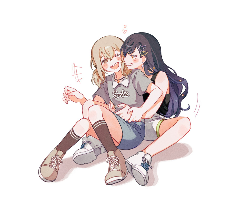 2girls azusawa_kohane black_hair black_socks blush_stickers brown_hair bumgae collared_shirt grin hair_ornament hairclip heart highres hug multiple_girls open_mouth project_sekai shiraishi_an shirt shoes sitting smile sneakers socks twintails white_background yuri