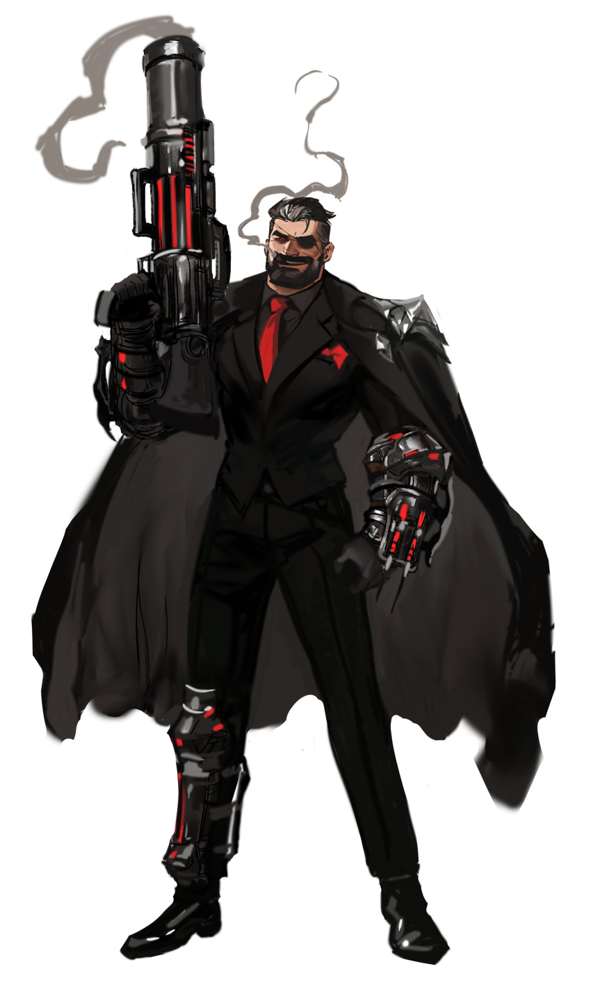 1boy absurdres alternate_costume armor beard cigarette clenched_hand coat collared_shirt dopey_(dopq) eyepatch facial_hair gauntlets graves_(league_of_legends) gun highres league_of_legends leg_armor looking_at_viewer male_focus manly mature_male necktie red_eyes shirt shoes short_hair shoulder_pads simple_background smirk smoke smoking solo teeth weapon white_background