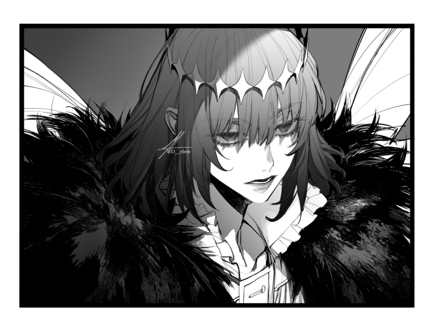 1boy alternate_hair_color arthropod_boy au_(d_elite) bangs black_eyes black_hair collared_shirt crown diamond_hairband expressionless eyes_visible_through_hair fate/grand_order fate_(series) fur_collar gradient gradient_background greyscale insect_wings long_sleeves looking_away male_focus medium_hair monochrome oberon_(fate) oberon_(third_ascension)_(fate) official_alternate_costume shirt signature solo twitter_username upper_body white_shirt wings