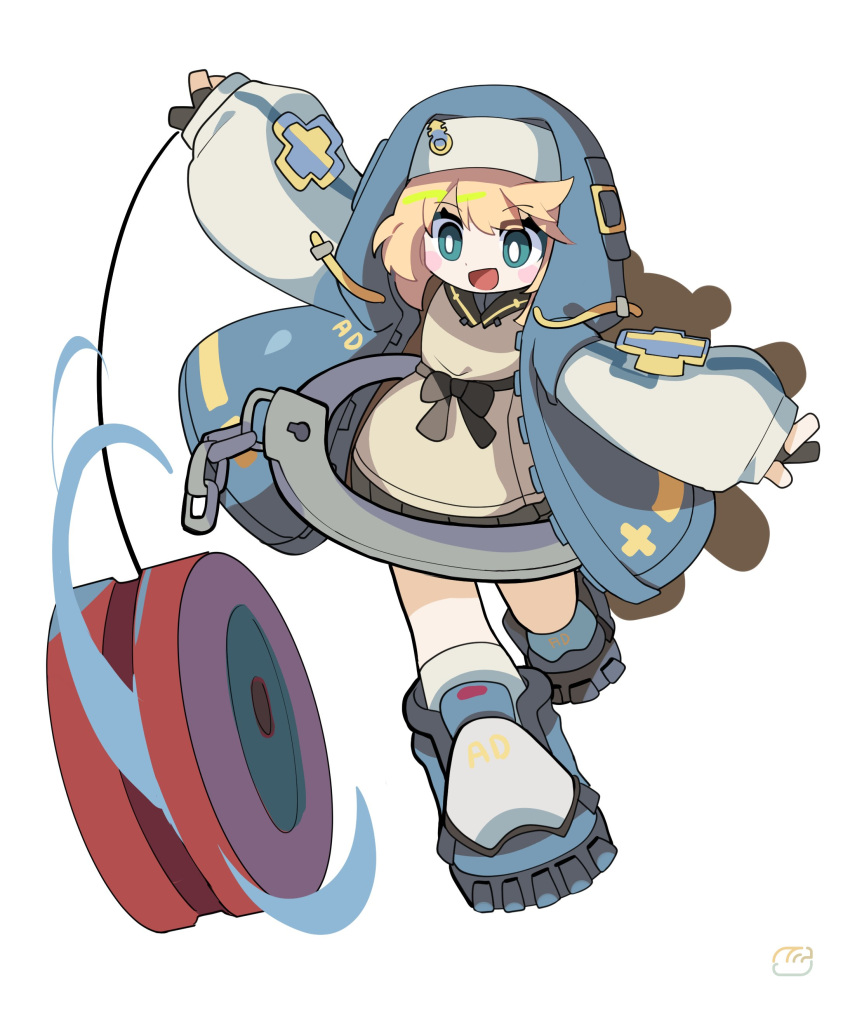 1girl absurdres animal_bag backpack bag bare_legs bear_bag blonde_hair blue_footwear blue_jacket bridget_(guilty_gear) chibi commentary cuffs dress guilty_gear guilty_gear_strive habit handcuffs highres hood hooded_jacket incoming_attack jacket long_sleeves ngawa oversized_object short_hair signature simple_background sleeves_past_wrists stuffed_animal stuffed_toy teddy_bear transgender white_background white_dress yo-yo