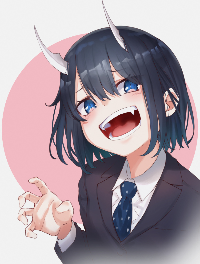 1girl absurdres aoki_ruri black_hair blazer blue_eyes blue_necktie fang fangs hair_between_eyes hand_up highres horns jacket long_sleeves looking_at_viewer m.tokotsu necktie open_mouth ruri_dragon school_uniform short_hair simple_background solo upper_body white_horns