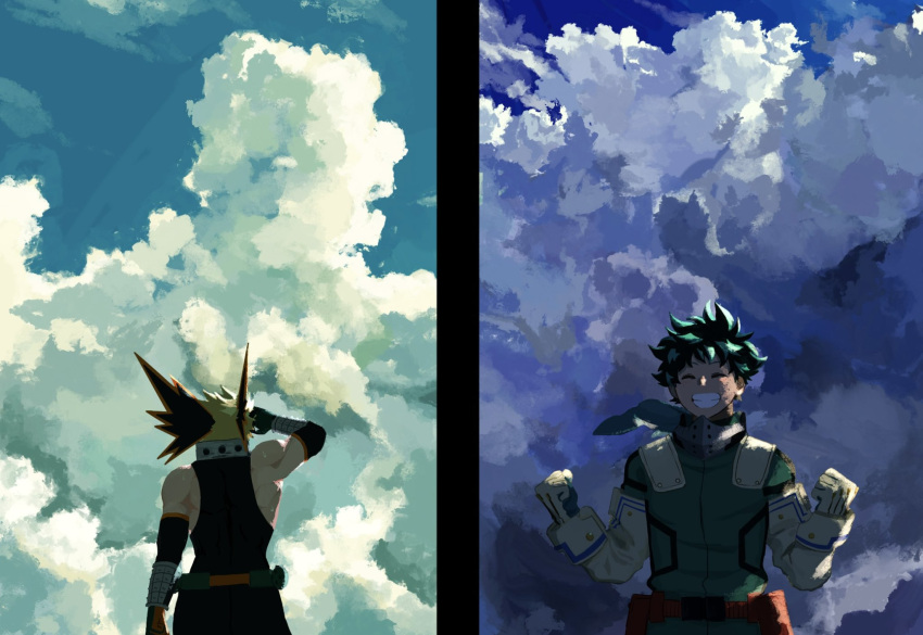 2boys bakugou_katsuki bare_shoulders belt black_mask blonde_hair blue_sky boku_no_hero_academia clenched_hands closed_eyes clouds commentary_request day facing_viewer from_behind gloves green_hair grin highres male_focus midoriya_izuku multiple_boys osakana_hj outdoors red_belt short_hair sky smile spiky_hair split_screen standing toned toned_male white_gloves