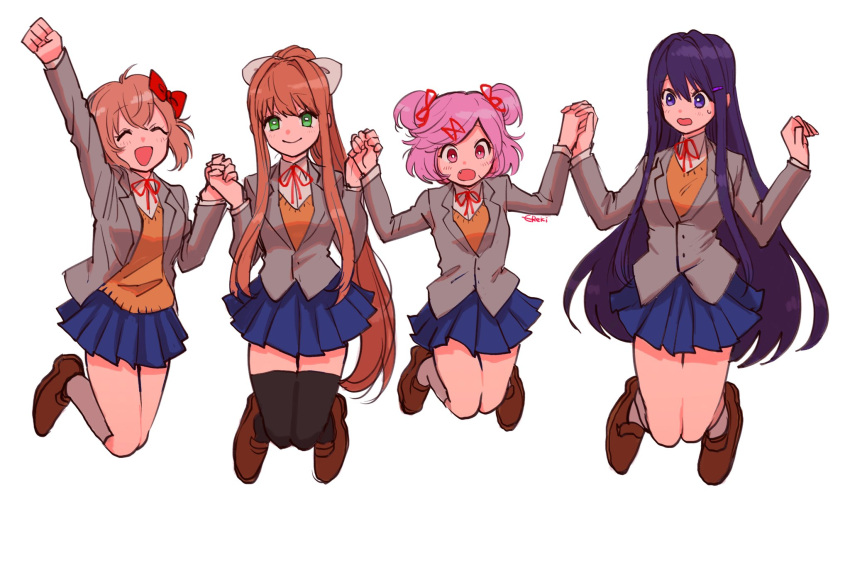 4girls bangs black_thighhighs blue_skirt breasts brown_footwear brown_hair calf_socks cardigan clenched_hand closed_eyes collared_shirt doki_doki_literature_club full_body green_eyes grey_jacket hair_between_eyes hair_ornament hair_ribbon hairclip highres holding_hands jacket jumping knees_together_feet_apart loafers long_hair long_sleeves ma2_ereki monika_(doki_doki_literature_club) multiple_girls natsuki_(doki_doki_literature_club) neck_ribbon open_mouth orange_cardigan outstretched_arm pink_eyes pink_hair pleated_skirt ponytail purple_hair red_ribbon ribbon sayori_(doki_doki_literature_club) school_uniform shirt shoes short_hair short_twintails sidelocks skirt smile sweat swept_bangs thigh-highs twintails violet_eyes w_arms white_background white_ribbon white_shirt yuri_(doki_doki_literature_club)