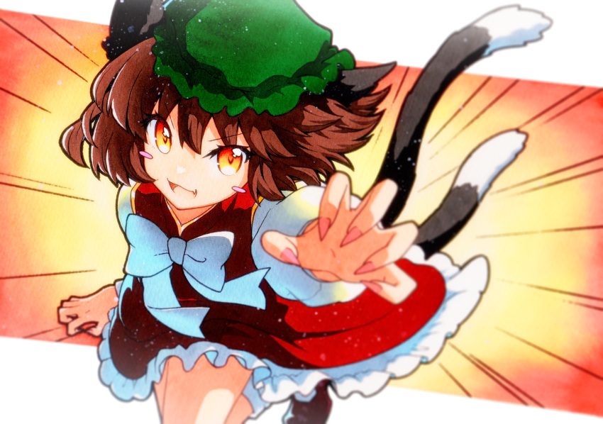 1girl animal_ears blush_stickers brown_eyes brown_hair cat_ears cat_tail chen dress fang fingernails green_headwear hat highres long_fingernails long_sleeves mob_cap multiple_tails open_mouth qqqrinkappp red_dress red_footwear sharp_fingernails shoes short_hair skin_fang smile solo tail touhou traditional_media two_tails