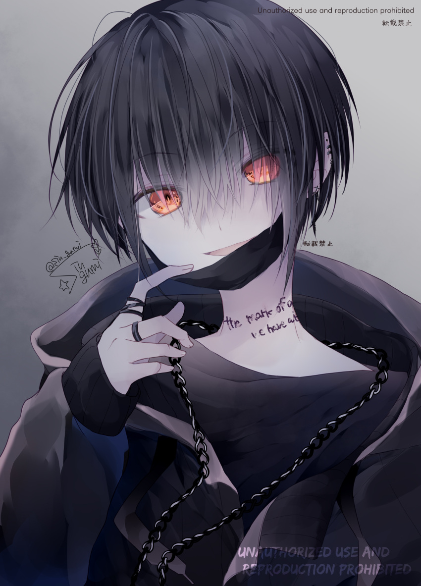 1boy absurdres black_hair black_theme chain_necklace cross cross_earrings ear_piercing earrings highres jewelry looking_at_viewer male_focus mask mouth_mask necklace orange_eyes original piercing ponixponi ring short_hair solo taking_off