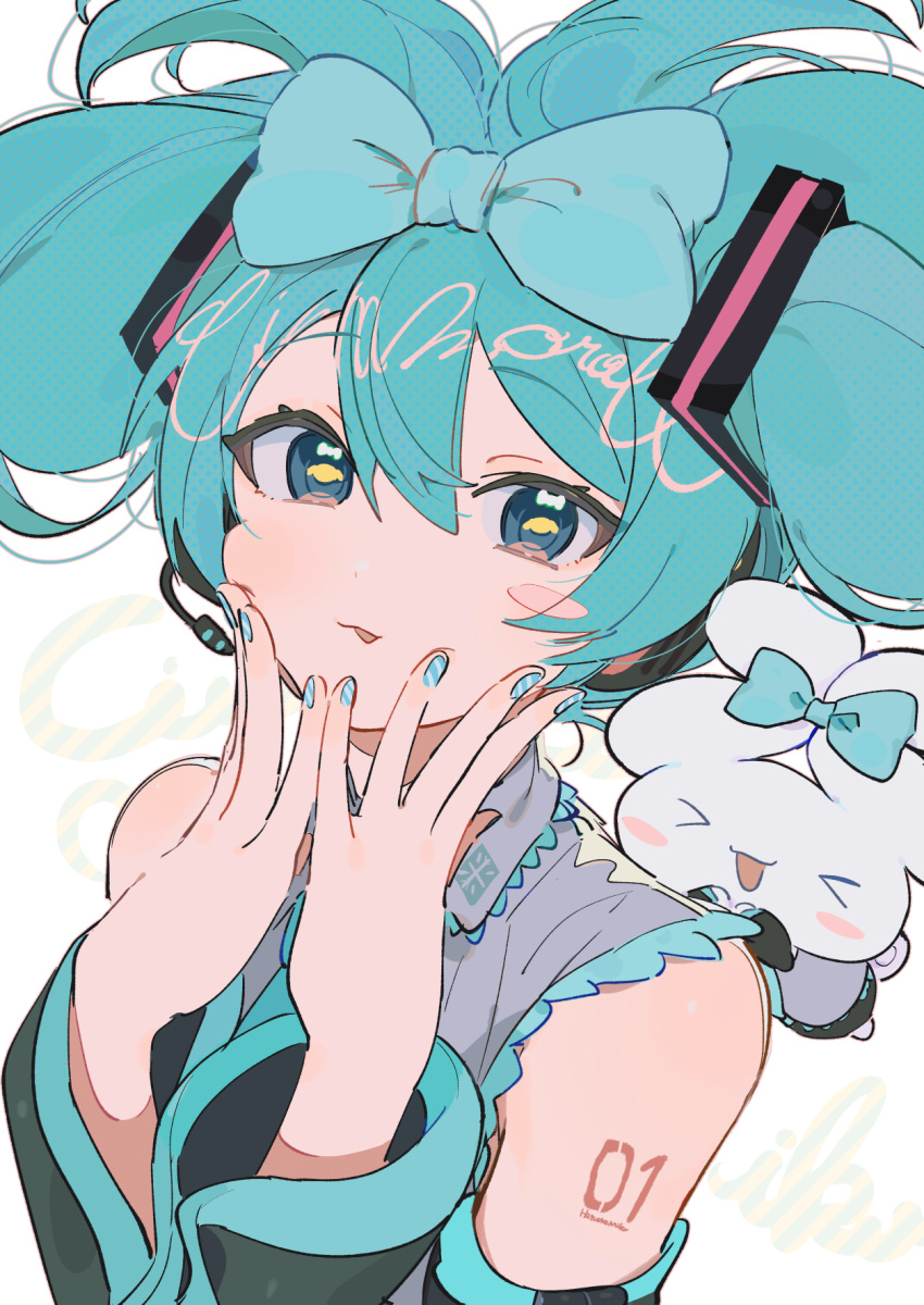 1girl aqua_eyes aqua_hair aqua_nails blue_bow borrowed_hairstyle bow cinnamiku cinnamoroll closed_eyes creature creature_on_shoulder crossover cursive detached_sleeves double_bun ear_bow english_text folded_twintails hair_bow hair_bun hair_rings hands_on_own_face hands_up hassan_(sink916) hatsune_miku highres looking_at_viewer mascot number_tattoo on_shoulder tattoo tied_ears tongue tongue_out updo upper_body vocaloid