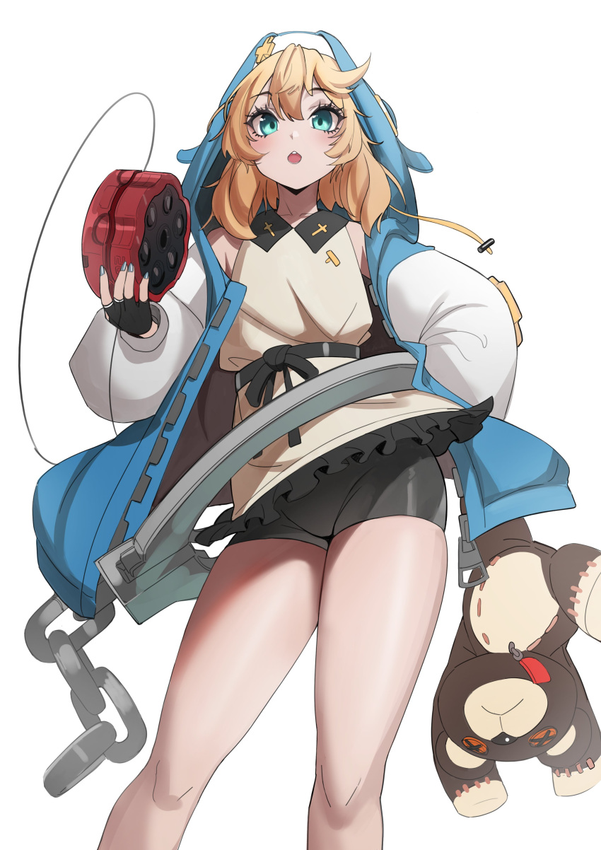 1girl absurdres bangs bike_shorts_under_skirt black_skirt blonde_hair blue_eyes blue_jacket bridget_(guilty_gear) coat cross cuffs drawstring fingerless_gloves gloves guilty_gear guilty_gear_strive habit hair_between_eyes hand_on_hip handcuffs highres hood hood_up hooded_coat hooded_jacket jacket kiritzugu looking_at_viewer medium_hair open_clothes open_coat open_mouth pleated_skirt roger_(guilty_gear) skirt solo standing transgender unzipped white_background yo-yo zipper_pull_tab