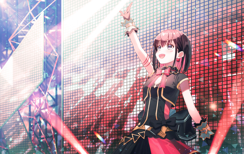 1girl :d absurdres arm_up azki_(hololive) black_hair bow colored_inner_hair dress facial_mark gloves highres hololive hololive_idol_uniform idol koh_rd multicolored_hair open_mouth pink_hair short_hair smile solo violet_eyes virtual_youtuber wrist_cuffs