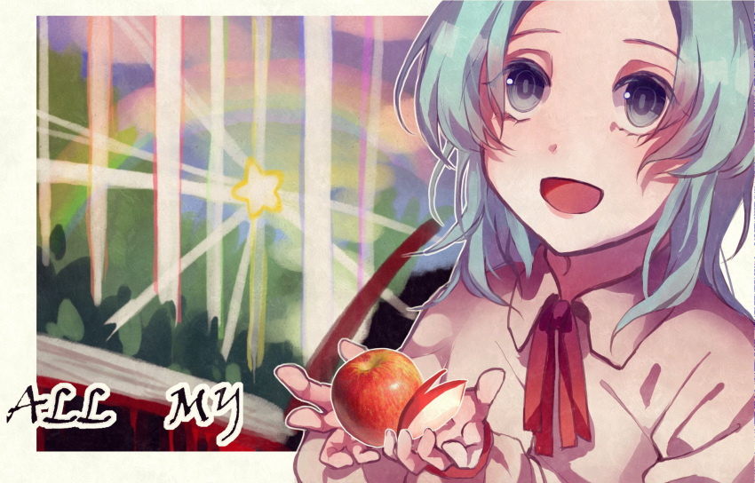 1girl :d apple apple_bunny blue_hair chinese_commentary collared_shirt commentary_request enomoto_noa food food_art fruit grey_eyes highres long_sleeves medium_hair neck_ribbon open_mouth red_ribbon ribbon saibou_shinkyoku shirt smile solo star_(symbol) virtual-ocean yellow_shirt