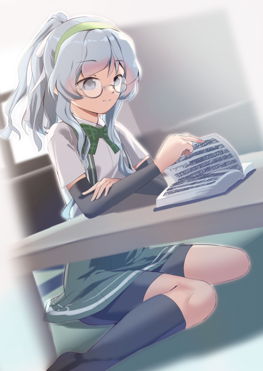 1girl alternate_hairstyle arm_warmers bespectacled bike_shorts book bow bowtie collared_shirt glasses green_bow green_hairband grey_eyes hair_ornament hairband highres indoors kantai_collection kneehighs loafers long_hair metadio open_book pleated_skirt ponytail reading shirt shoes short_sleeves sitting skirt socks solo suspenders table tatami wavy_hair white_shirt yamagumo_(kancolle)