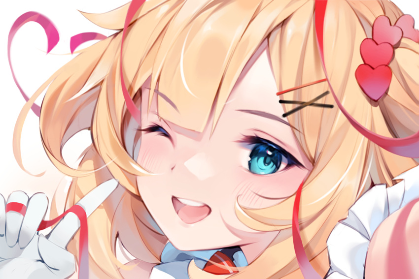 1girl ;d akai_haato andychen bangs blonde_hair blue_eyes blush gloves hair_ornament hairclip hand_up heart heart_hair_ornament holding holding_ribbon hololive looking_at_viewer one_eye_closed portrait red_ribbon revision ribbon simple_background smile solo teeth upper_teeth virtual_youtuber white_background white_gloves x_hair_ornament