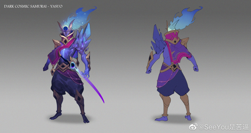 1boy alternate_costume armor artist_name bangs barefoot character_name clenched_hand colored_skin from_behind full_body glowing glowing_eyes gradient gradient_background grey_background helmet horns katana league_of_legends long_hair male_focus multiple_views pants purple_pants purple_skin see_you shoulder_armor standing sword violet_eyes weapon yasuo_(league_of_legends)