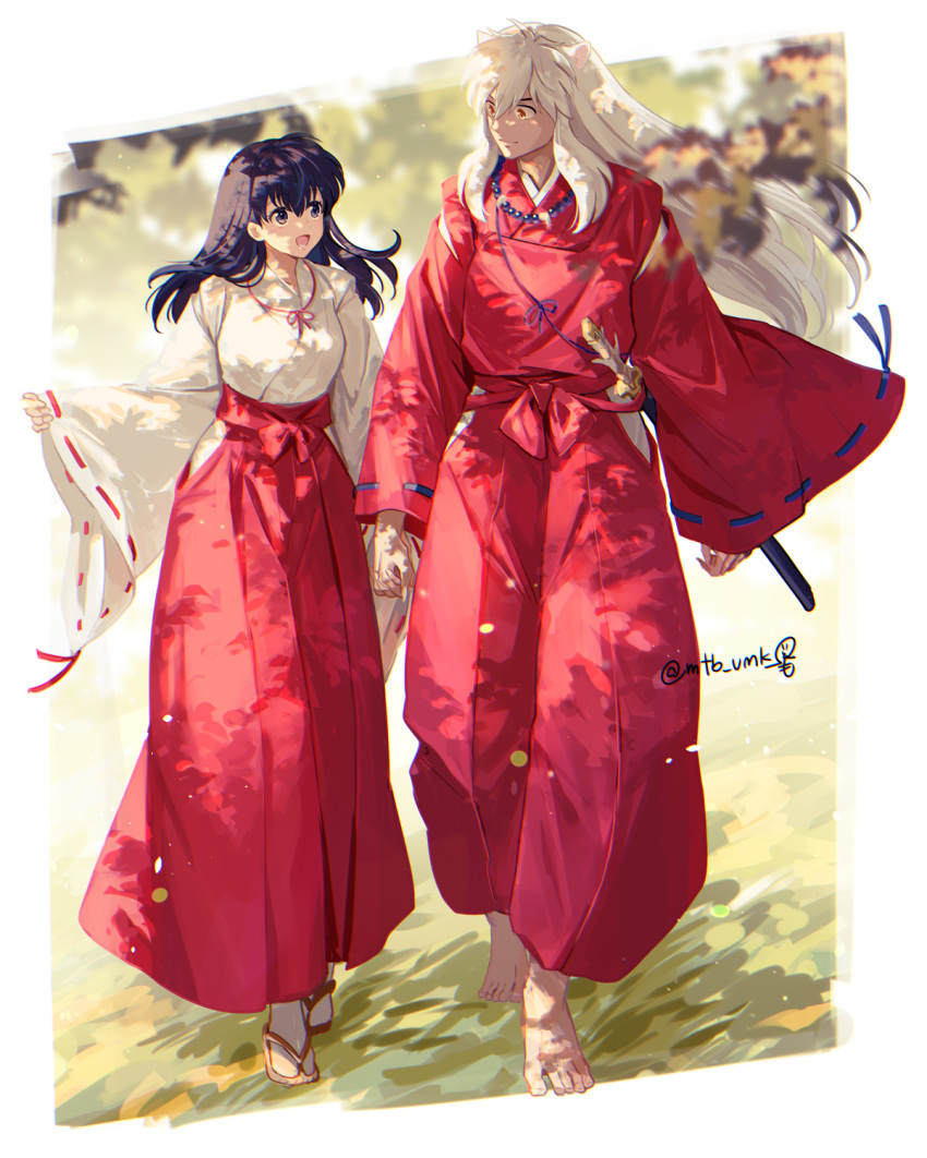 1boy 1girl :d animal_ears arms_at_sides bangs barefoot bead_necklace beads black_hair blurry branch breasts closed_mouth couple dappled_sunlight day depth_of_field dog_boy dog_ears floating_hair full_body hakama hand_up happy hetero highres higurashi_kagome hip_vent inuyasha inuyasha_(character) japanese_clothes jewelry kariginu long_hair long_sleeves looking_at_another looking_down looking_to_the_side looking_up miko motobi_(mtb_umk) nature necklace open_mouth outdoors outside_border pinching_sleeves red_hakama ribbon-trimmed_sleeves ribbon_trim sash side-by-side sidelocks smile socks sunlight sword tabi tooth_necklace very_long_hair walking weapon white_socks wide_sleeves zouri