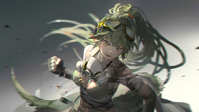 1girl absurdres arknights asymmetrical_gloves bare_shoulders belt black_belt black_gloves breasts crop_top elbow_gloves fingerless_gloves game_cg gavial_(arknights) gavial_the_invincible_(arknights) gloves goggles goggles_on_head green_hair highres long_hair long_tail looking_at_viewer mask mask_around_neck medium_breasts midriff navel official_art pointy_ears ponytail solo standing tail very_long_hair yellow_eyes