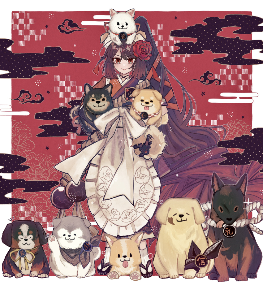 1girl absurdres animal animal_on_head apron bernese_mountain_dog brown_hair commentary dog dog_on_head egasumi fate/grand_order fate_(series) flower german_shepherd golden_retriever hair_flower hair_ornament highres holding holding_animal holding_dog husky japanese_clothes kimono kyokutei_bakin_(fate) long_hair noa_pisces on_head ponytail red_background red_eyes samoyed_(dog) shiba_inu smile too_many_dogs very_long_hair welsh_corgi