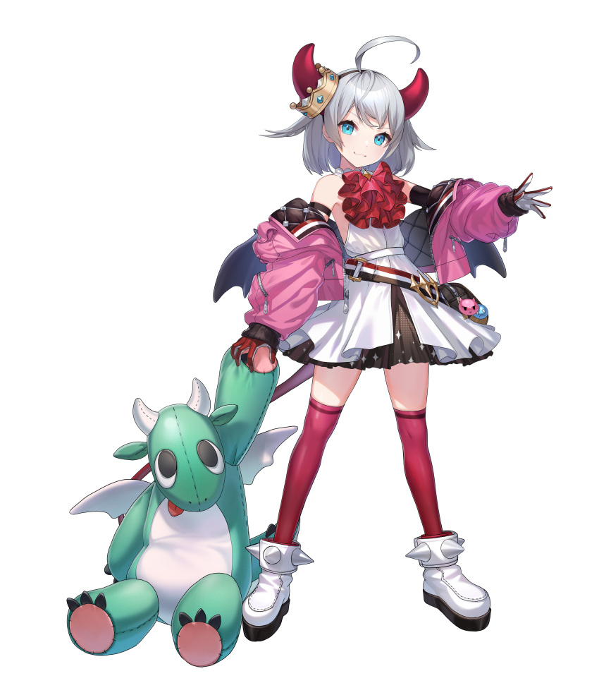1girl absurdres ahoge alpha_transparency bare_shoulders blue_eyes counter:side crown full_body gloves grey_hair highres holding holding_stuffed_toy horns kneehighs looking_at_viewer momo_(counter:side) official_art shoes skirt socks stuffed_toy tachi-e transparent_background white_footwear