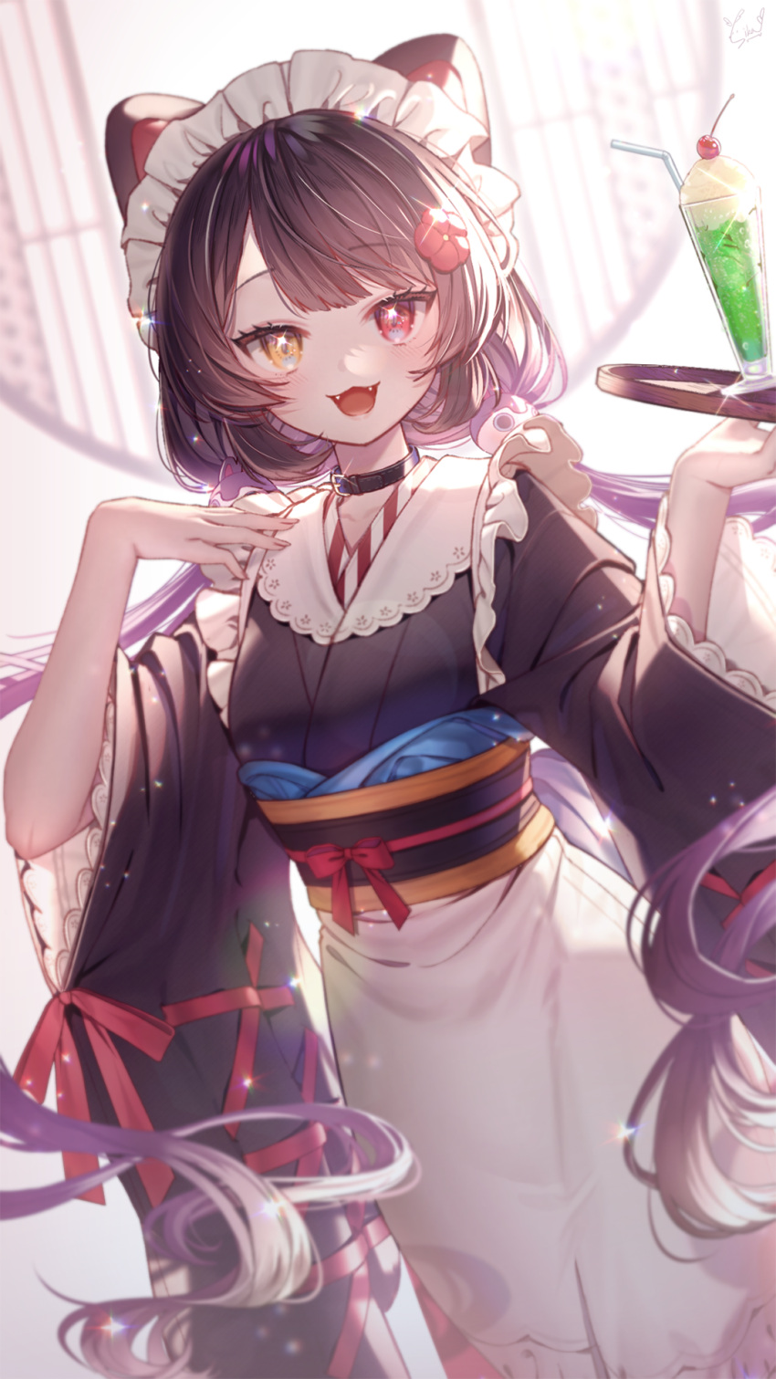 1girl :d animal_ears apron bangs black_collar brown_hair brown_kimono collar cup dog_ears drinking_glass drinking_straw fangs floating_hair heterochromia highres holding holding_tray inui_toko japanese_clothes kimono long_hair long_sleeves maid_headdress nijisanji nurumi_p red_eyes red_ribbon ribbon smile solo tray twintails very_long_hair virtual_youtuber white_apron wide_sleeves yellow_eyes