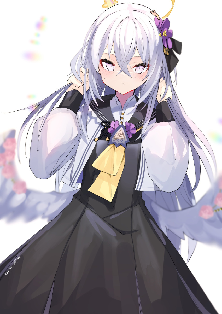 1girl absurdres angel_wings azusa_(blue_archive) bangs black_dress black_sailor_collar blue_archive crossed_bangs dress feathered_wings flower hair_flower hair_ornament halo highres jacket kamiya_mitobe low_wings pink_eyes purple_flower sailor_collar white_hair white_jacket white_wings wings