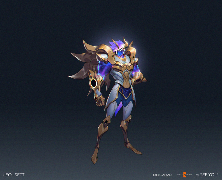 1boy alternate_costume armor armored_boots artist_name black_background blue_skin boots breastplate clenched_hand closed_mouth colored_skin full_body gauntlets gradient gradient_background grey_background grey_thighhighs hand_on_hip horns knee_boots league_of_legends leo male_focus purple_hair see_you sett_(league_of_legends) short_hair shoulder_armor solo space_print standing starry_sky_print thigh-highs white_hair