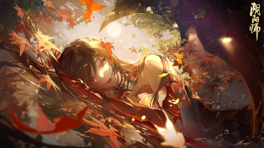 autumn autumn_leaves black_hair blurry depth_of_field falling_leaves hair_between_eyes hair_ornament highres japanese_clothes kijo_momiji kokorogari_kijo_momiji leaf leaf_hair_ornament leaf_on_liquid long_hair looking_at_viewer lying maple_leaf official_art on_liquid onmyoji red_eyes red_lips stitched_mouth stitches