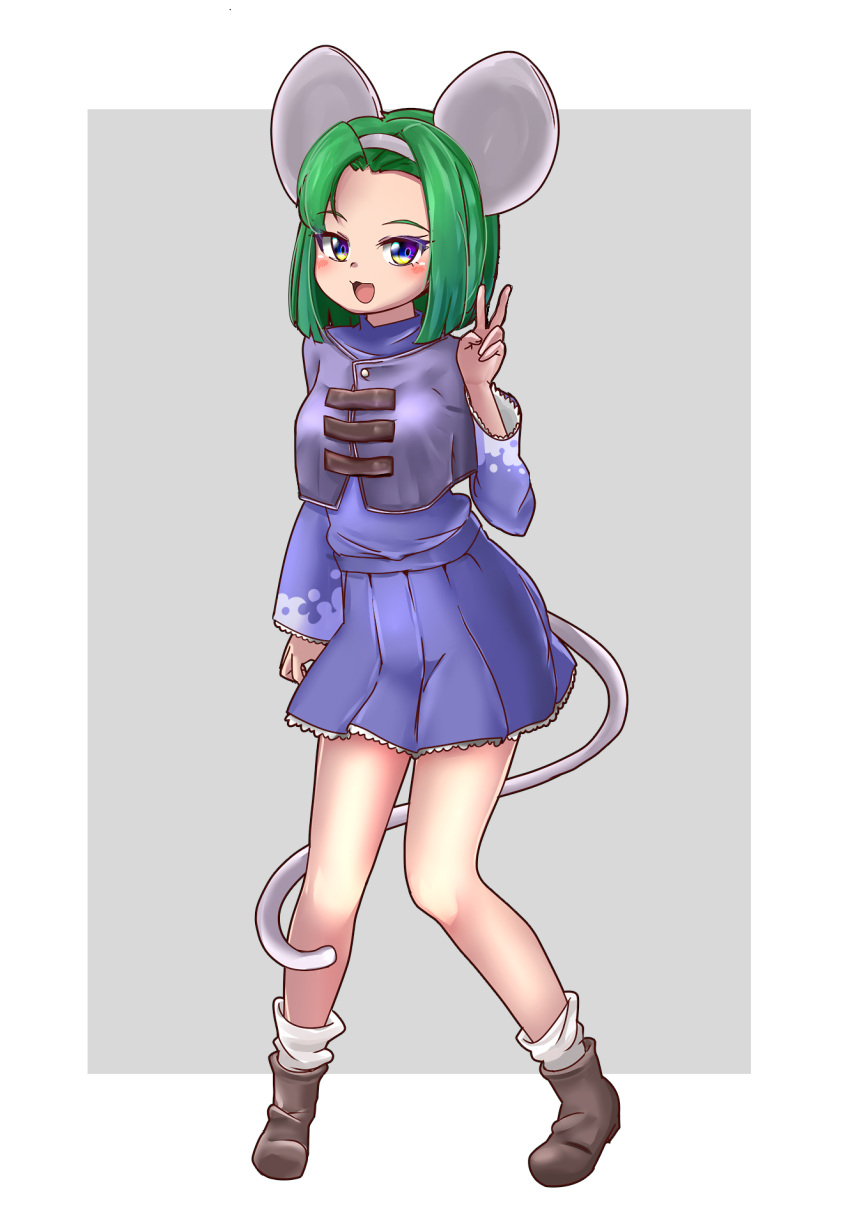 1girl :d animal_ears blush brave_fencer_musashiden capelet dedorudy dress full_body green_hair hairband highres looking_at_viewer mouse_ears mouse_girl mouse_tail open_mouth purple_capelet short_hair smile solo tail topo_(musashiden) v