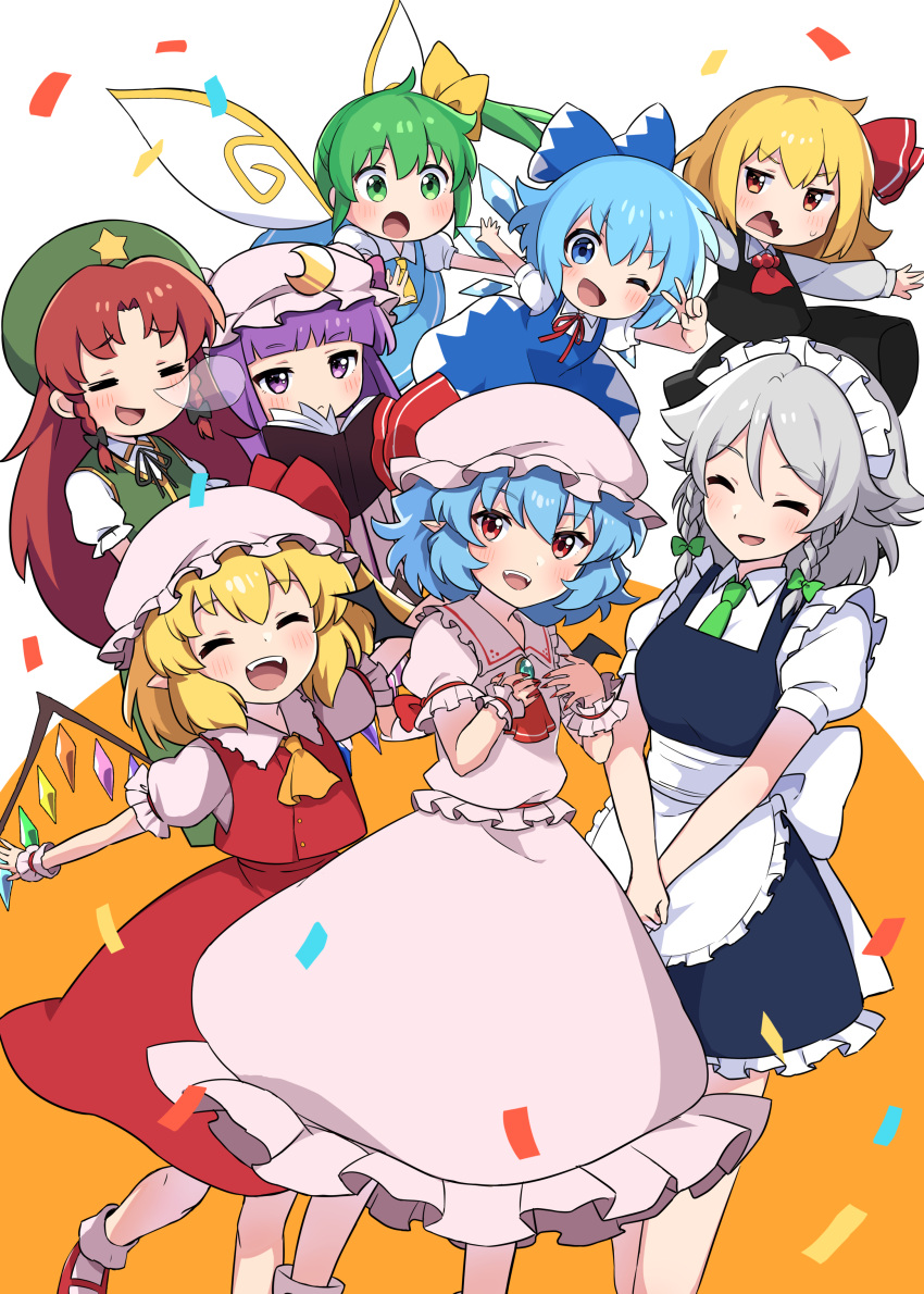6+girls :d =_= absurdres beret bobby_socks cirno confetti crescent crescent_hat_ornament daiyousei embodiment_of_scarlet_devil feet_out_of_frame flandre_scarlet hat hat_ornament highres hong_meiling izayoi_sakuya mary_janes miz_(mizillustration) mob_cap multiple_girls nail_polish nose_bubble patchouli_knowledge red_nails remilia_scarlet rumia shoes simple_background sleeping smile socks standing star_(symbol) star_hat_ornament touhou v_arms white_background