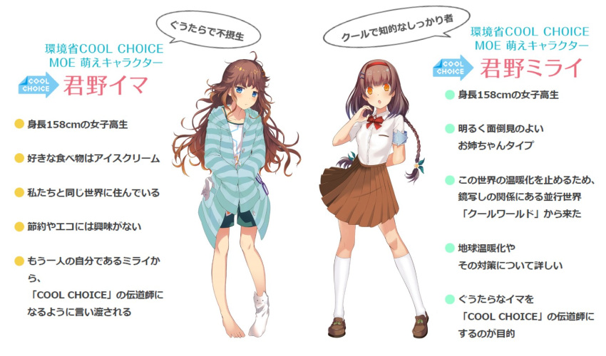 2girls blue_eyes bow bowtie braid brown_hair brown_skirt coat cool_choice dual_persona folded_glasses glasses highres kimino_ima kimino_mirai loafers long_hair long_sleeves maou_(mischief2004) messy_hair ministry_of_the_environment_(japan) multiple_girls pajamas pantyhose reference_sheet school_uniform second-party_source shoes short_shorts shorts siblings single_sock skirt sleepwear socks tank_top translation_request yellow_eyes