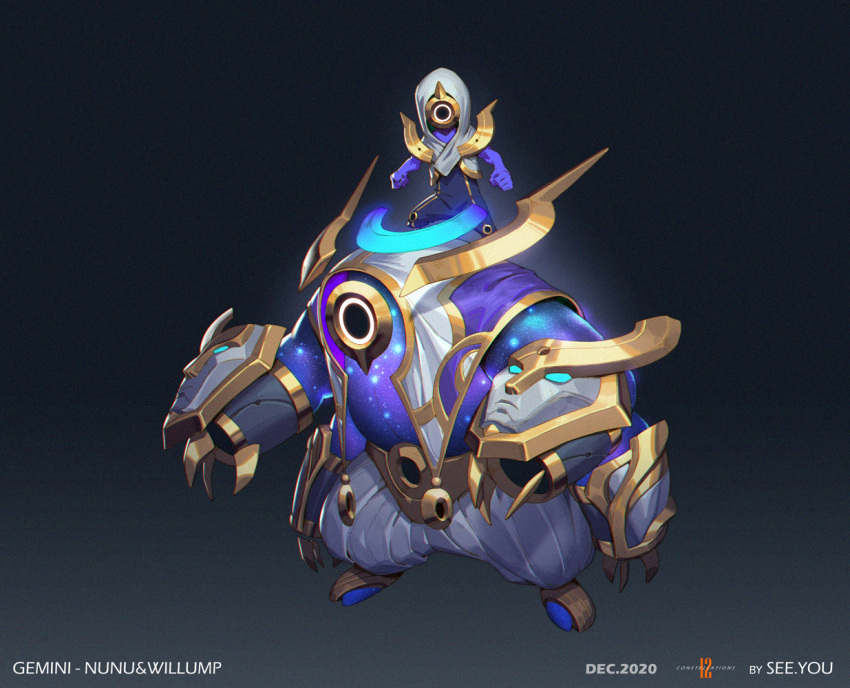 1boy alternate_costume alternate_form armor artist_name black_background child claws clenched_hands colored_skin facing_viewer full_body gemini grey_background grey_pants hood hood_up league_of_legends mask nunu_(league_of_legends) pants purple_skin see_you space_print standing standing_on_another's_head starry_sky_print willump
