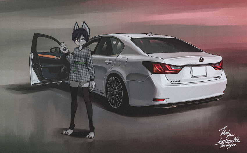 1girl absurdres animal_ears arm_at_side artist_name barefoot black_eyes black_hair black_thighhighs bokuya brown_eyes car closed_mouth commentary_request commission dress furry furry_female ground_vehicle hair_between_eyes hand_up heterochromia highres legs_apart lexus lexus_gs long_sleeves motor_vehicle original short_hair signature skeb_commission solo standing thank_you thigh-highs toeless_legwear unmoving_pattern vehicle_focus watermark wide_shot wolf_ears wolf_girl