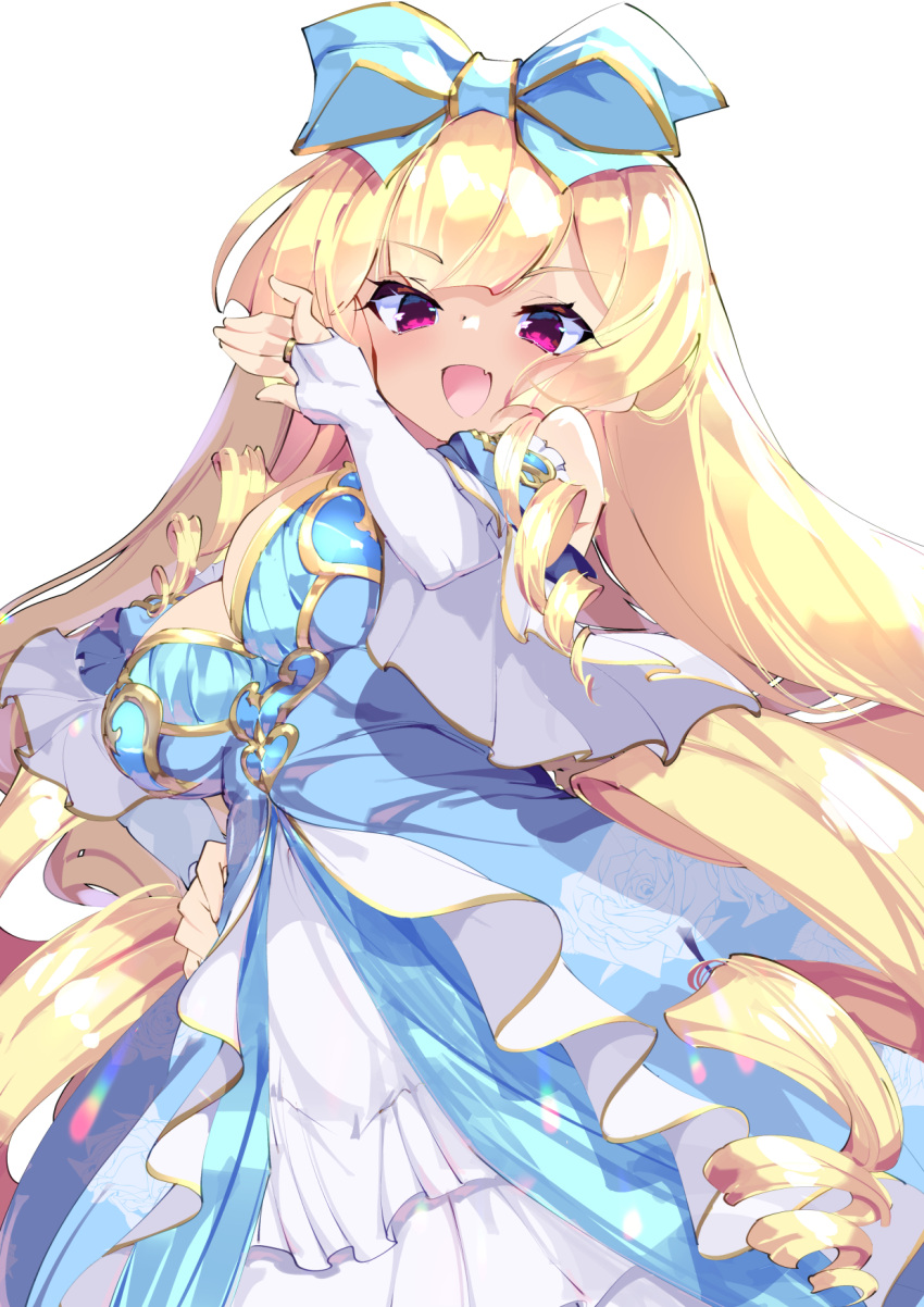 1girl :d blonde_hair bow breasts bridal_gauntlets character_request commentary_request dungeons_&amp;_princess fang floral_print fujishima-sei_ichi-gou gloves hair_bow hand_on_hip highres large_breasts long_hair looking_at_viewer ringlets simple_background skin_fang smile solo upper_body very_long_hair violet_eyes white_background white_gloves
