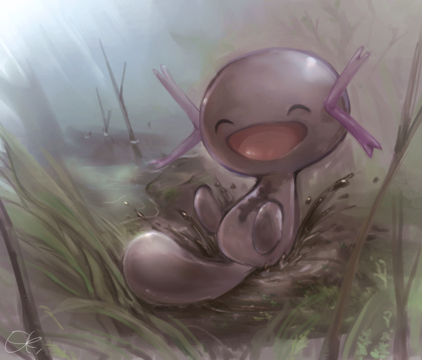 :d closed_eyes commentary_request grass happy highres mud no_humans open_mouth outdoors paldean_wooper pokemon pokemon_(creature) shiitake_(satorikirby) signature smile solo