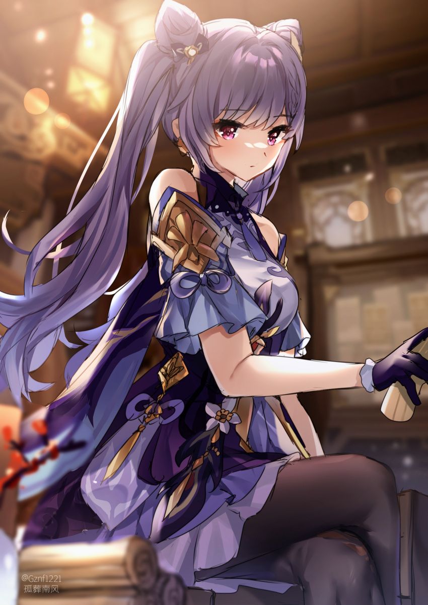 1girl :/ absurdres bangs bare_shoulders black_gloves blurry blurry_background blush braid breasts brown_pantyhose cone_hair_bun crossed_legs double_bun dress genshin_impact gloves guzangnanfeng hair_bun hair_ornament highres holding keqing_(genshin_impact) long_hair looking_to_the_side medium_breasts pantyhose purple_dress purple_hair short_sleeves sitting solo twintails twitter_username