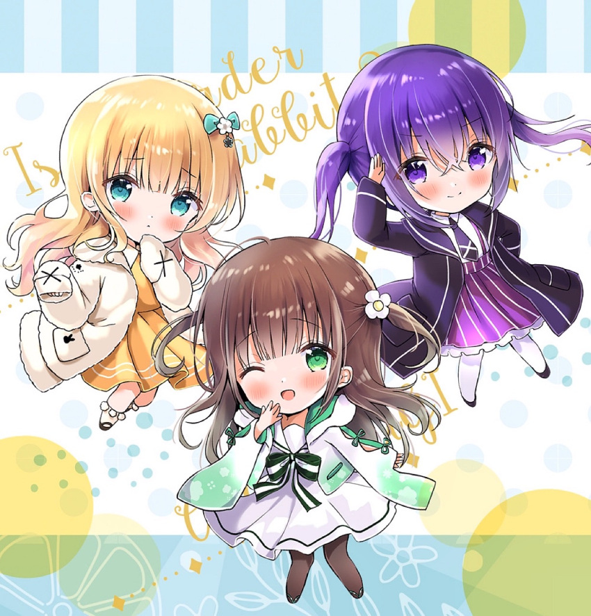 3girls ;d amedamacon black_footwear black_jacket black_necktie blonde_hair blue_eyes blush brown_hair brown_pantyhose chibi closed_mouth collared_dress collared_shirt commentary_request dress flower gochuumon_wa_usagi_desu_ka? green_eyes hair_flower hair_ornament highres jacket kirima_syaro long_hair long_sleeves looking_at_viewer multiple_girls necktie one_eye_closed open_clothes open_jacket pantyhose pleated_dress purple_hair purple_skirt sailor_collar shirt shoes skirt sleeves_past_fingers sleeves_past_wrists smile striped striped_skirt tedeza_rize twintails two_side_up ujimatsu_chiya vertical-striped_skirt vertical_stripes very_long_hair violet_eyes white_dress white_flower white_jacket white_pantyhose white_sailor_collar white_shirt wide_sleeves yellow_dress