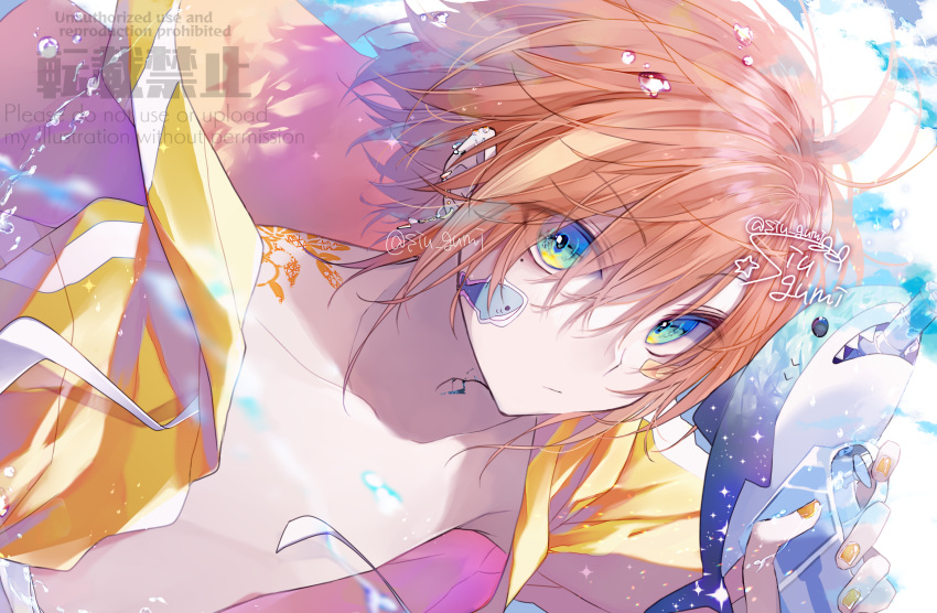 1boy artist_name blue_eyes closed_mouth ear_piercing earrings highres jewelry looking_at_viewer male_focus nail_polish orange_hair original piercing ponixponi short_hair signature solo sticker sticker_on_face swimsuit tattoo water_gun whale