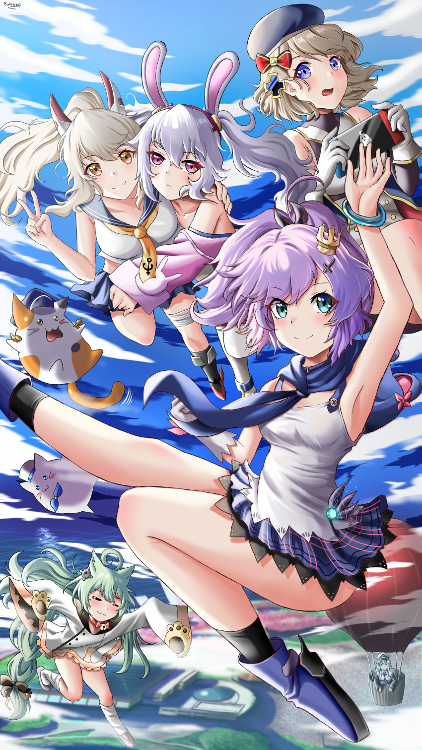 6+girls absurdres ahoge akashi_(azur_lane) animal_ears aqua_eyes arm_up artist_name ayanami_(azur_lane) azur_lane bangs blonde_hair blue_eyes blue_scarf blue_skirt blue_sky blush bow buko_(bukosuki) closed_eyes closed_mouth controller enterprise_(azur_lane) flying full_body game_controller gloves green_hair grey_hair hair_bow hair_ornament hairclip hand_on_another's_shoulder hand_up hat highres holding holding_controller holding_game_controller javelin_(azur_lane) laffey_(azur_lane) long_hair looking_at_viewer mechanical_ears medium_hair meowfficer_(azur_lane) multiple_girls necktie open_mouth orange_eyes peaked_cap plaid plaid_skirt ponytail purple_hair rabbit_ears scarf shirt short_hair skirt sky smile twintails v violet_eyes white_gloves white_hair white_shirt yellow_necktie z23_(azur_lane)