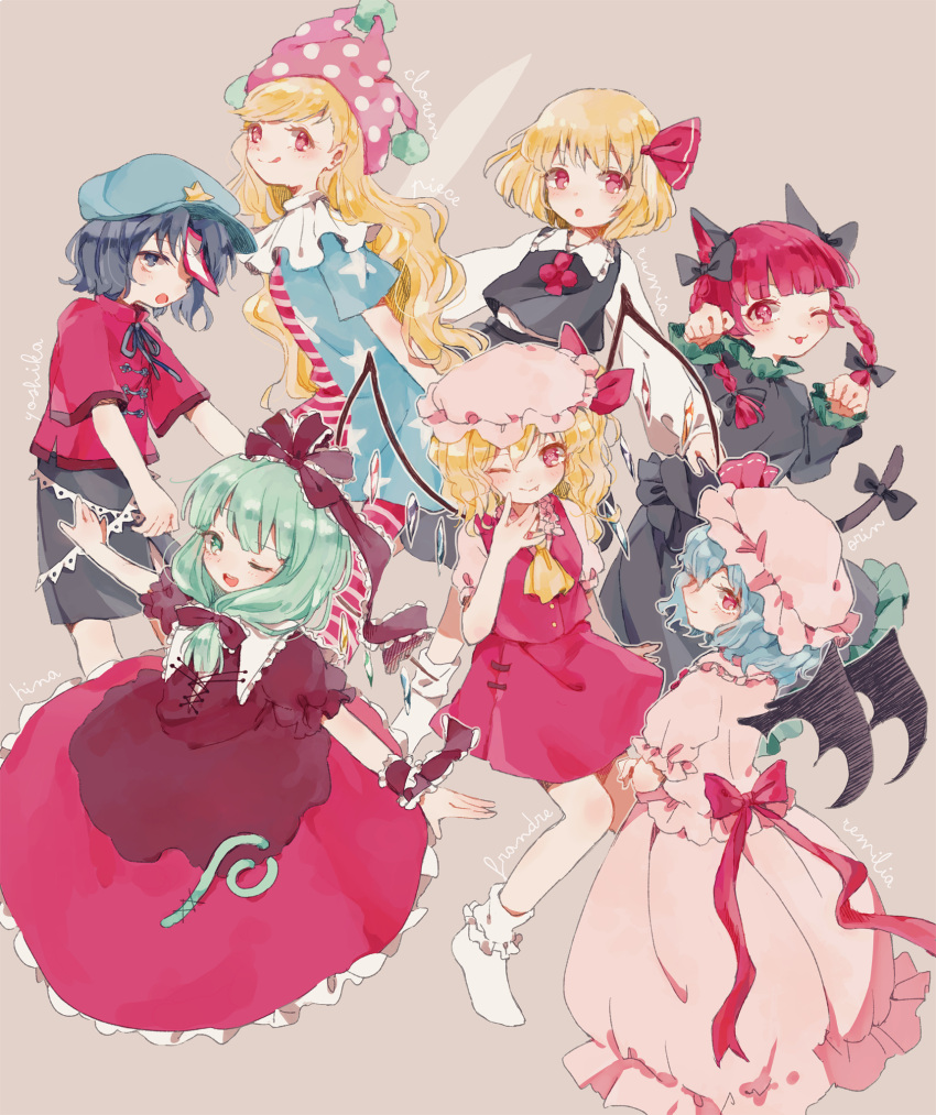6+girls :3 :d :o :p :q american_flag_dress american_flag_legwear animal_ears ascot back_bow bangs bat_wings black_bow black_dress black_shorts black_skirt black_vest blonde_hair blue_eyes blue_hair blue_headwear blunt_bangs blush bobby_socks bow braid brown_background cabbie_hat cat_ears cat_tail character_name closed_mouth clownpiece collared_shirt commentary_request crystal dress fairy_wings fang flandre_scarlet frilled_ribbon frilled_shirt_collar frills green_eyes green_hair hair_bow hat hat_ribbon heart heart-shaped_pupils highres jester_cap kaenbyou_rin kagiyama_hina long_hair long_sleeves looking_at_viewer medium_hair miyako_yoshika mob_cap multiple_girls neck_ribbon neck_ruff nig_18 no_shoes one_side_up open_mouth outstretched_arms paw_pose pink_headwear pink_shirt pink_skirt polka_dot_headwear puffy_short_sleeves puffy_sleeves red_bow red_eyes red_ribbon red_shirt red_skirt red_tie red_vest redhead remilia_scarlet ribbon rumia shirt short_sleeves shorts simple_background skirt smile socks star_(symbol) symbol-shaped_pupils tail tail_bow tail_ornament teeth tongue tongue_out touhou twin_braids upper_teeth vest white_shirt white_socks wing_collar wings yellow_ascot zombie_pose