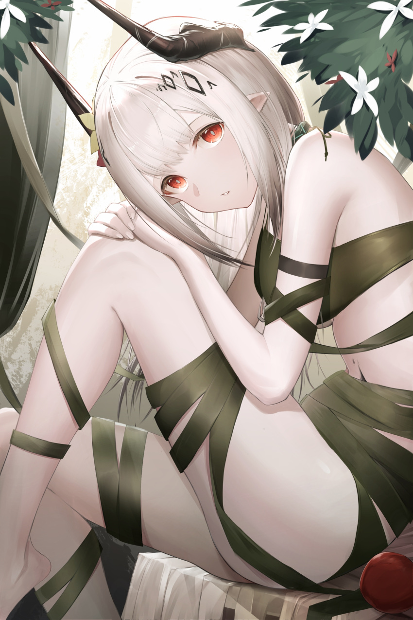 1girl absurdres apple arknights bangs bikini black_bikini black_ribbon expressionless flower food fruit hands_on_own_knees highres horns infection_monitor_(arknights) knee_up long_hair looking_at_viewer mudrock_(arknights) mudrock_(silent_night)_(arknights) official_alternate_costume oripathy_lesion_(arknights) pale_skin pointy_ears red_eyes ribbon seseri_aoba sitting solo swimsuit white_hair