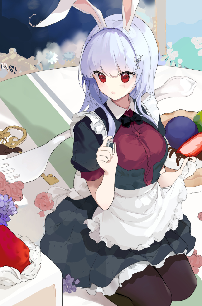 1girl alice_in_wonderland alternate_costume animal_ears apron apron_hold bangs black_bow black_bowtie black_dress black_pantyhose blue_hair blush bottle bow bowtie cake chimi_(s2yuyukos2) dress drink_me_potion flower food fork frilled_apron frilled_skirt frills full_body hair_ornament highres holding key long_hair looking_at_object on_table open_mouth pantyhose puffy_short_sleeves puffy_sleeves rabbit_ears rabbit_girl red_dress red_eyes reisen_udongein_inaba seiza short_sleeves sitting skirt solo table tablecloth touhou two-tone_dress white_apron