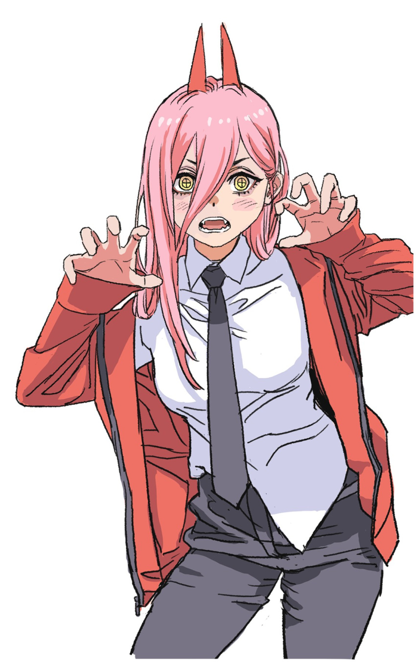1girl black_necktie blush chainsaw_man claw_pose hair_between_eyes highres horns jacket long_hair looking_at_viewer necktie open_clothes open_jacket pink_hair power_(chainsaw_man) red_horns red_jacket shiren_(ourboy83) simple_background sleeves_past_wrists solo symbol-shaped_pupils white_background yellow_eyes