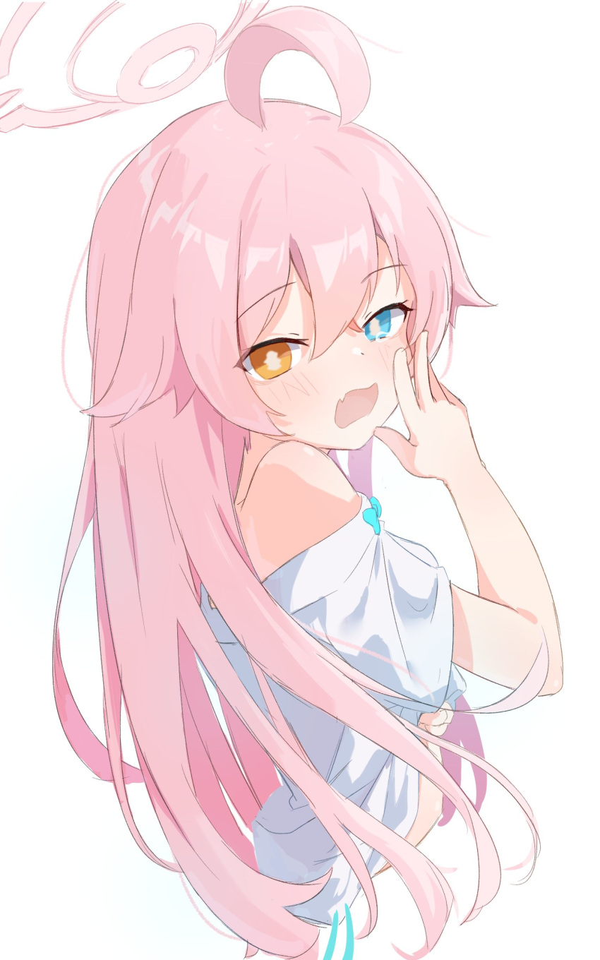 1girl absurdres ahoge bangs blue_archive blue_eyes bow bright_pupils fang hair_flaps halo heterochromia highres hoshino_(blue_archive) looking_at_viewer off_shoulder open_mouth pink_hair shirt simple_background skin_fang solo wep16night white_background white_shirt yawning yellow_eyes