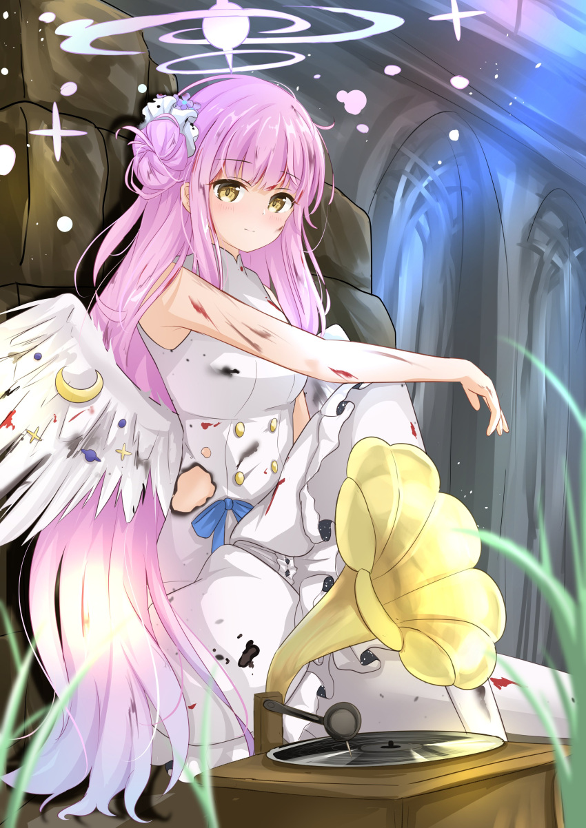 1girl absurdres angel_wings arm_on_knee blue_archive burnt_clothes commentary_request dress flower hair_bun hair_flower hair_ornament hair_scrunchie halo highres hjhtp injury long_hair looking_at_viewer low_wings mika_(blue_archive) pantyhose phonograph pink_hair scrunchie single_hair_bun sitting sleeveless sleeveless_dress smile solo torn_clothes white_dress white_pantyhose white_wings wings yellow_eyes