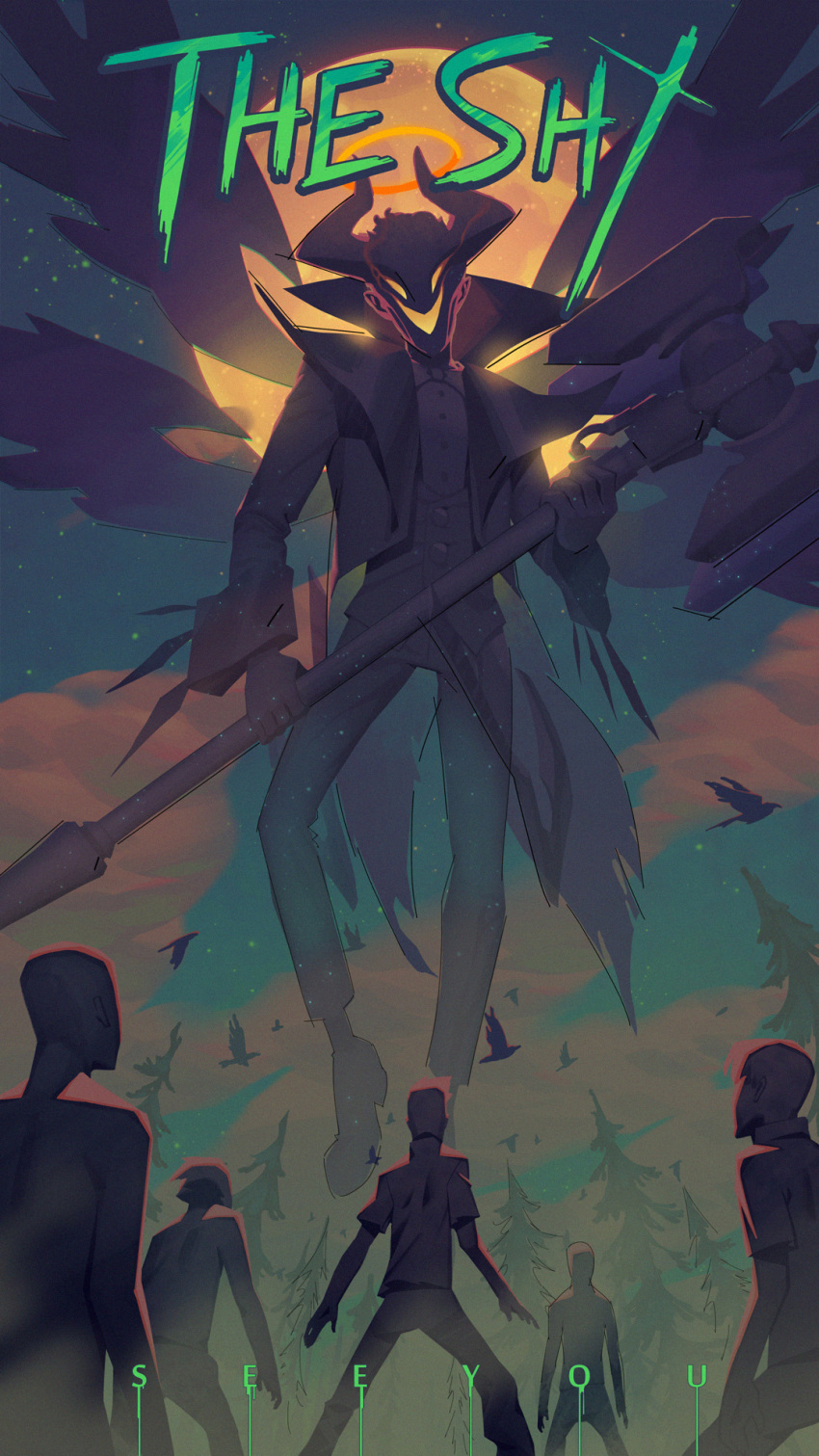 6+others animal artist_name axe bird bow bowtie dress_shirt evil_grin evil_smile forest from_behind full_moon giant glowing glowing_eyes glowing_mouth grin halo highres holding holding_axe holding_weapon horns jacket league_of_legends long_sleeves moon multiple_others nature night open_clothes open_jacket outdoors pants see_you shirt shoes sky smile star_(sky) starry_sky tailcoat torn_jacket tree weapon wings