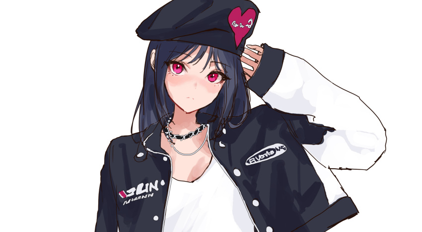 1girl bangs beret black_hair black_headwear black_jacket expressionless hair_behind_ear hat head_tilt highres jacket jewelry long_hair minj_kim mole mole_under_eye necklace open_hand original photo-referenced pink_eyes sketch sleeves_past_wrists solo upper_body white_background