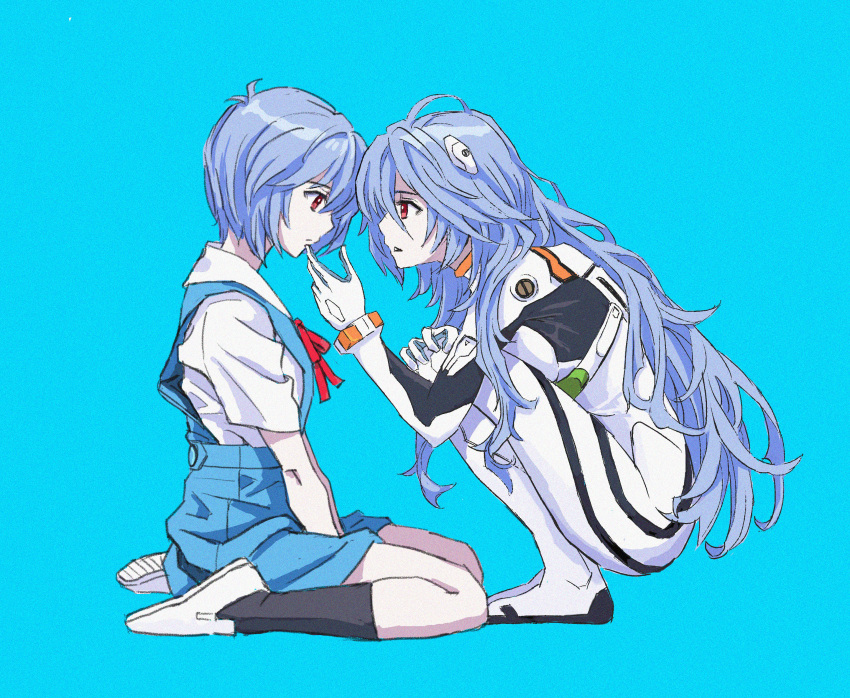 1girl absurdres antenna_hair arms_between_legs ayanami_rei black_socks blue_background blue_hair bodysuit closed_mouth film_grain highres light_blue_background long_hair looking_at_another neon_genesis_evangelion open_mouth plugsuit red_eyes red_ribbon ribbon shiren_(ourboy83) short_hair simple_background socks squatting turtleneck white_bodysuit white_footwear