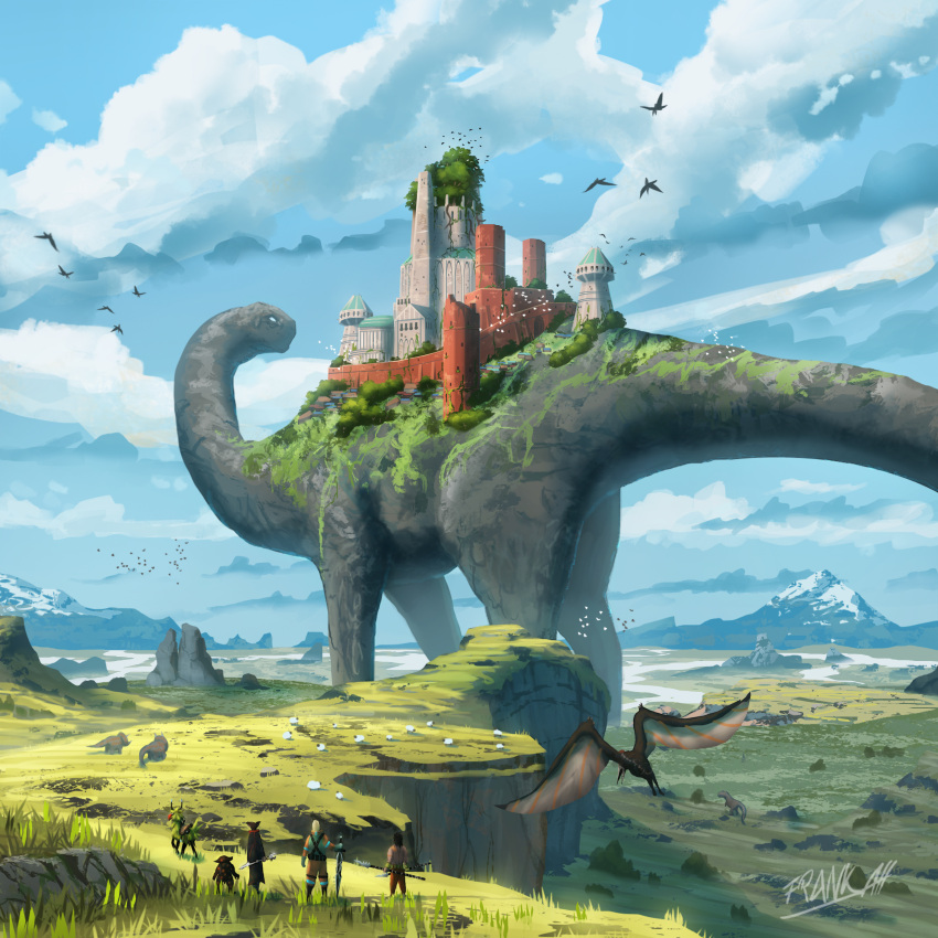 4boys absurdres animal artist_name city clouds dinosaur flying frankatt from_behind grass highres holding holding_sword holding_weapon horse miniboy mountain multiple_boys outdoors rock scenery standing sword tantra_la'goon topless_male trias_trodon ultracore veneraius_aviditatis watermark weapon wings