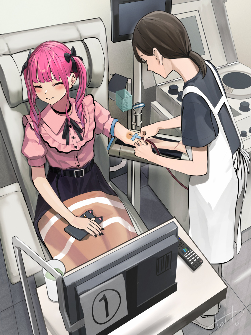 2girls absurdres apron black_hair black_nails blood_donation blush buta5813 cellphone choker closed_eyes controller cup ear_piercing earrings highres intravenous_drip jewelry monitor multiple_girls nail_polish original phone piercing pink_hair ponytail remote_control sitting twintails