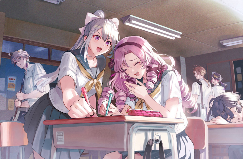 2girls 4boys :d ^_^ ^o^ back bag black_hair blonde_hair bow breasts brown_hair character_request classroom closed_eyes desk drill_hair earrings grey_hair grin hair_bow hairband highres higuchi_kaede hyakumantenbara_salome jewelry long_hair mole mole_under_eye multiple_boys multiple_girls nanafuji_man nijisanji open_mouth pencil_case pleated_skirt ponytail purple_hair school_bag school_desk school_uniform serafuku sitting skirt sleeping smile teeth violet_eyes virtual_youtuber